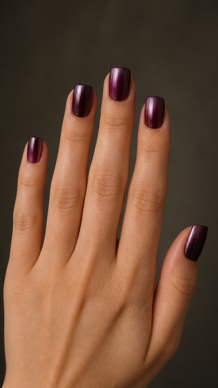 Deep Plum Chrome Ombré on Square Short Nails