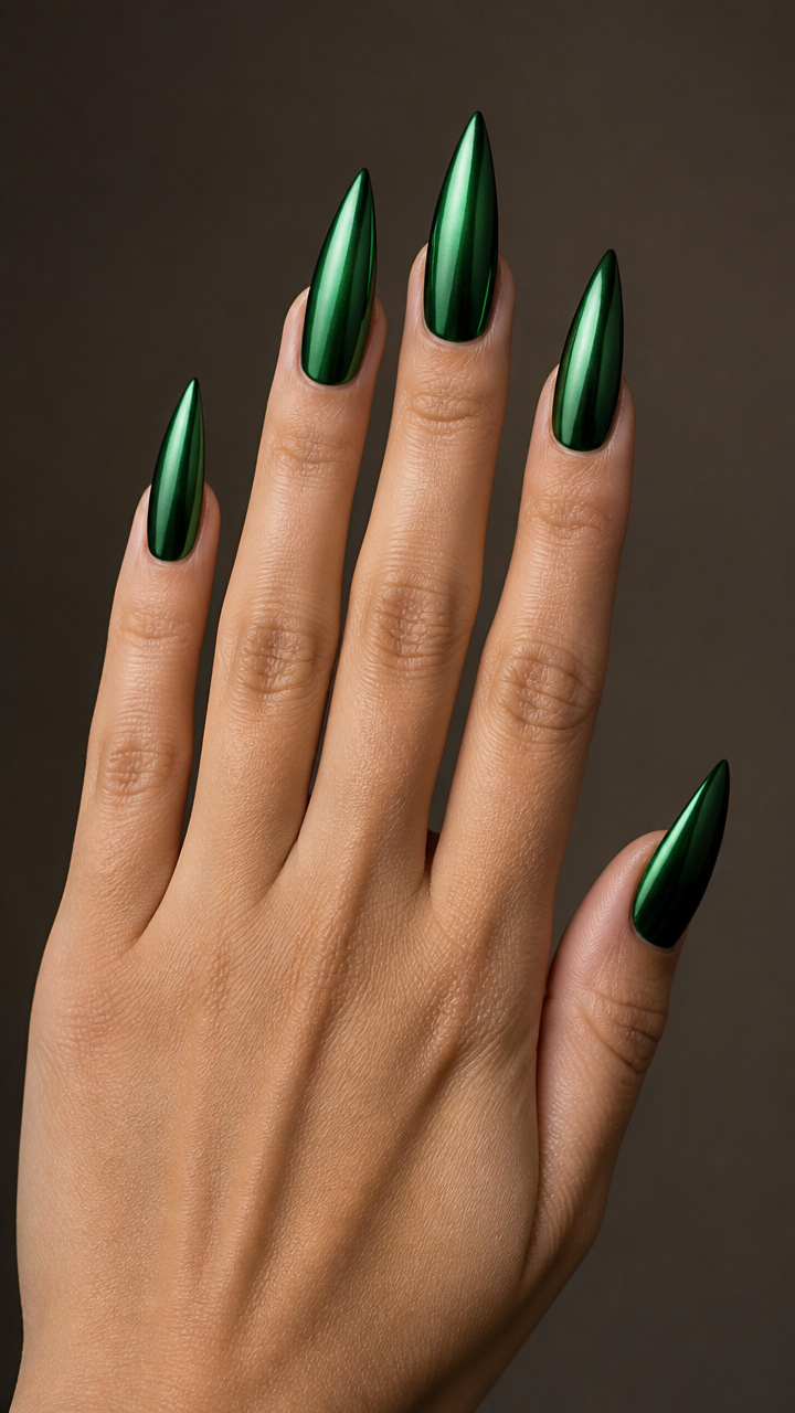 Emerald Green Chrome on Stiletto Nails