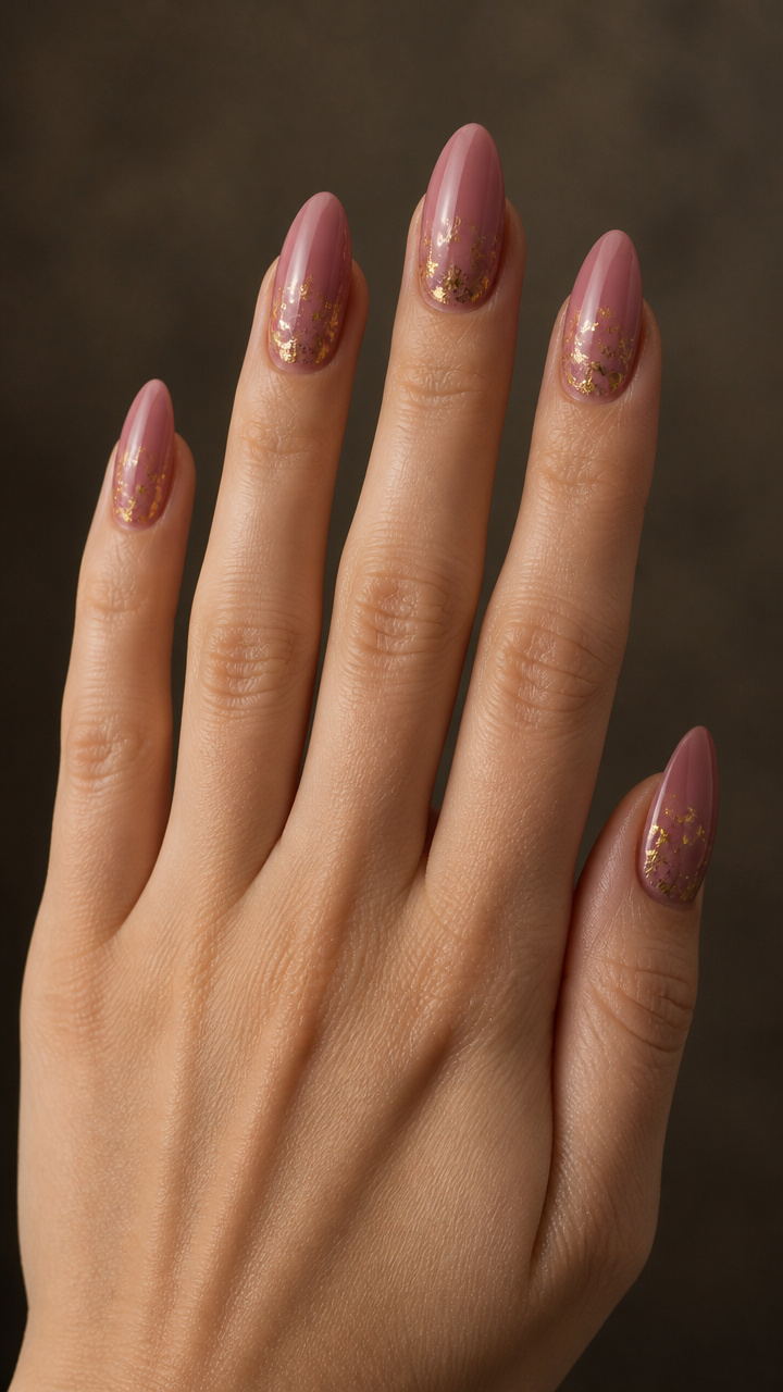Dusty Rose Almond Tips with Gold Foil