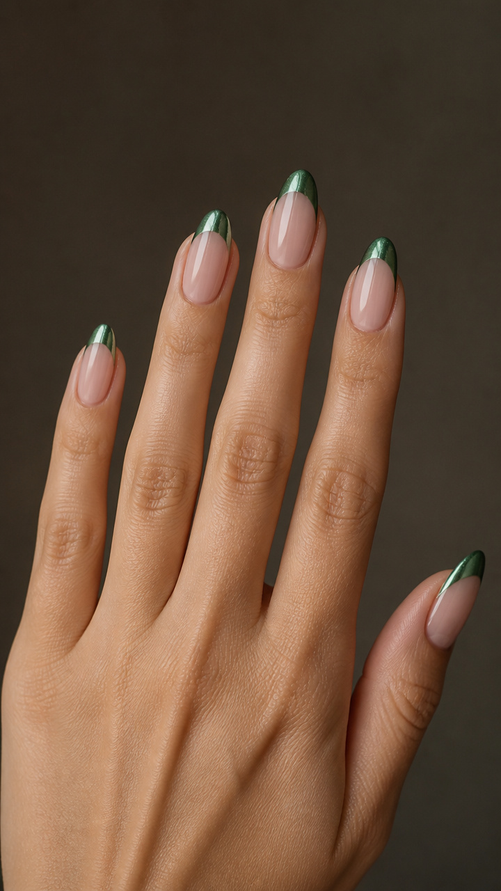 Evergreen Metallic Tips on Almond Nails