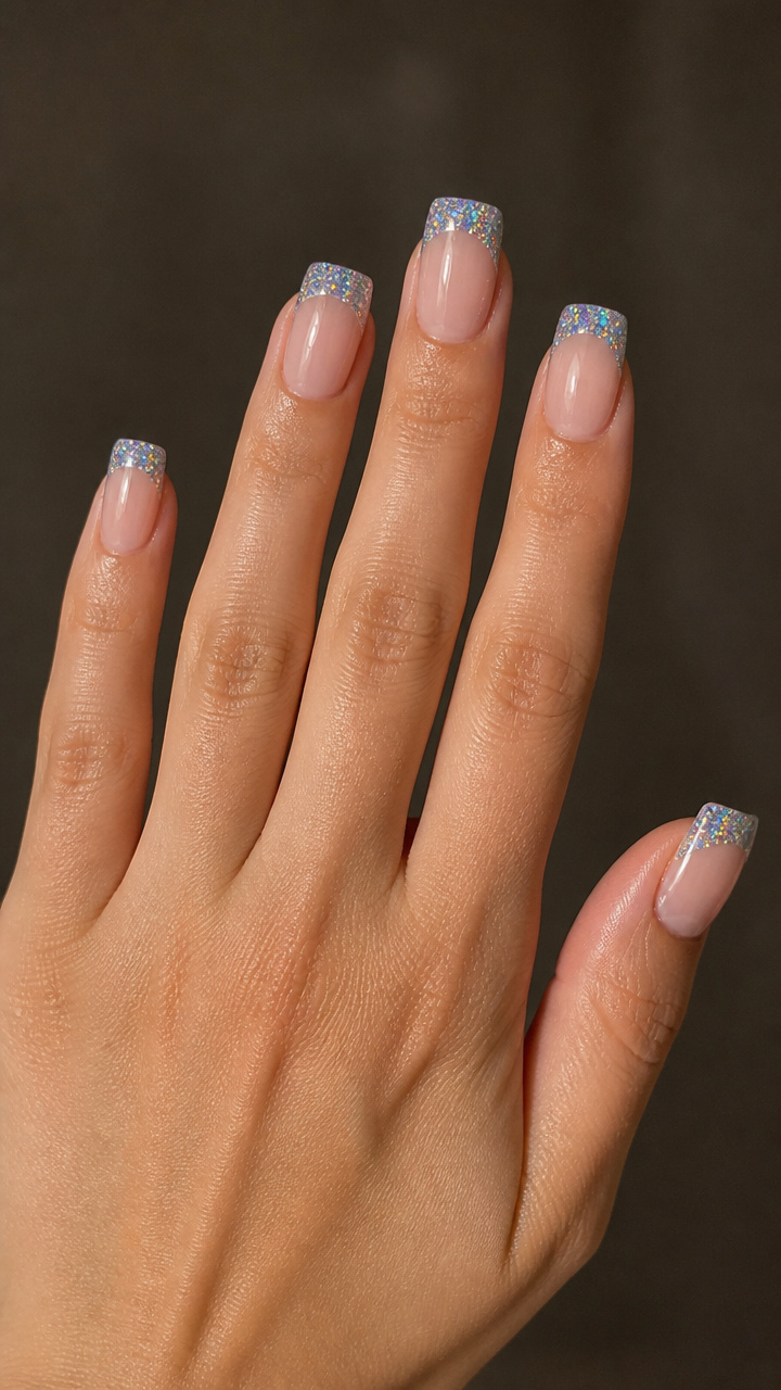 Silver Holographic Tips on Square Nails
