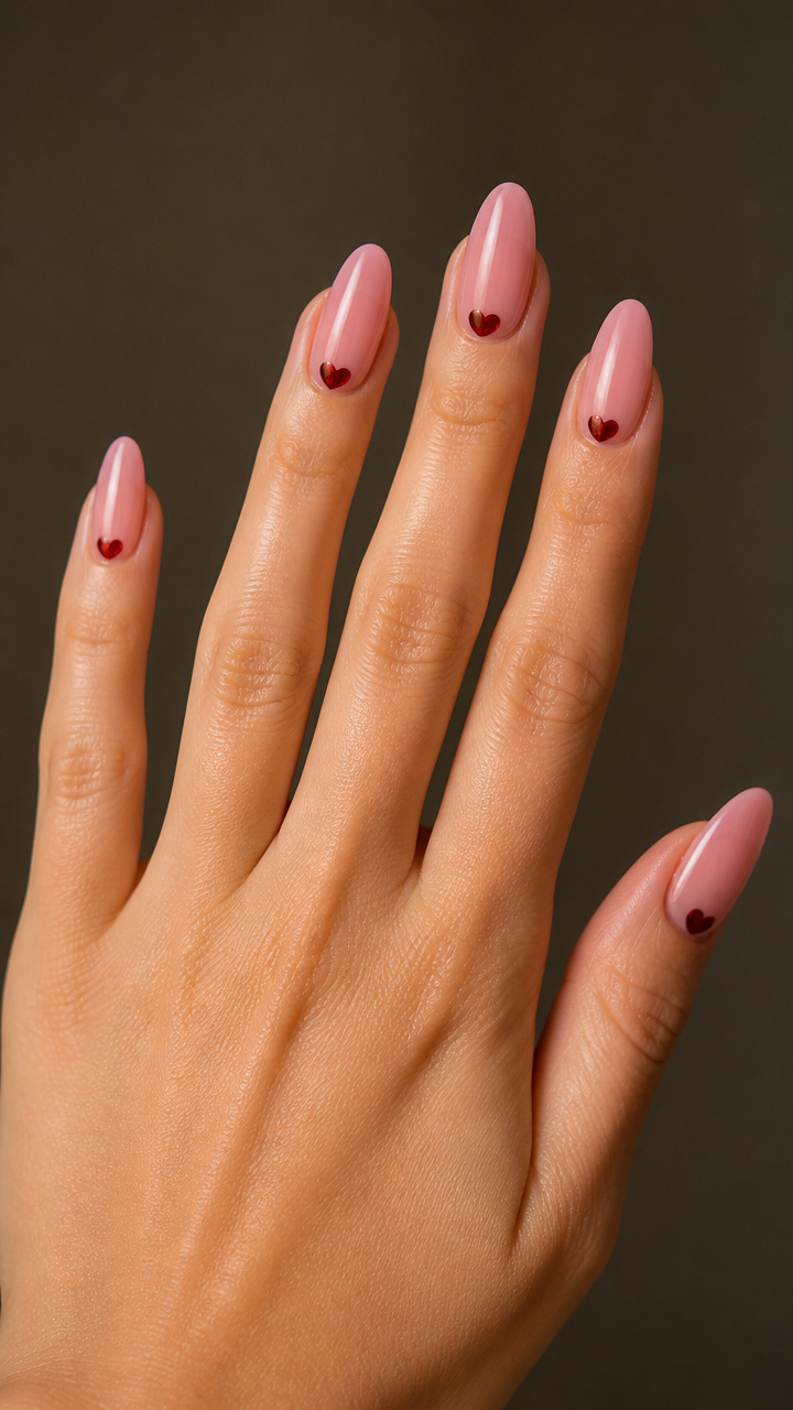 Blush Almond Nails with Delicate Heart Accents