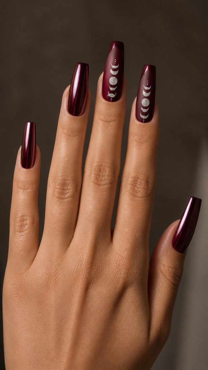 Deep Wine Coffin Nails with Chrome Moon Details