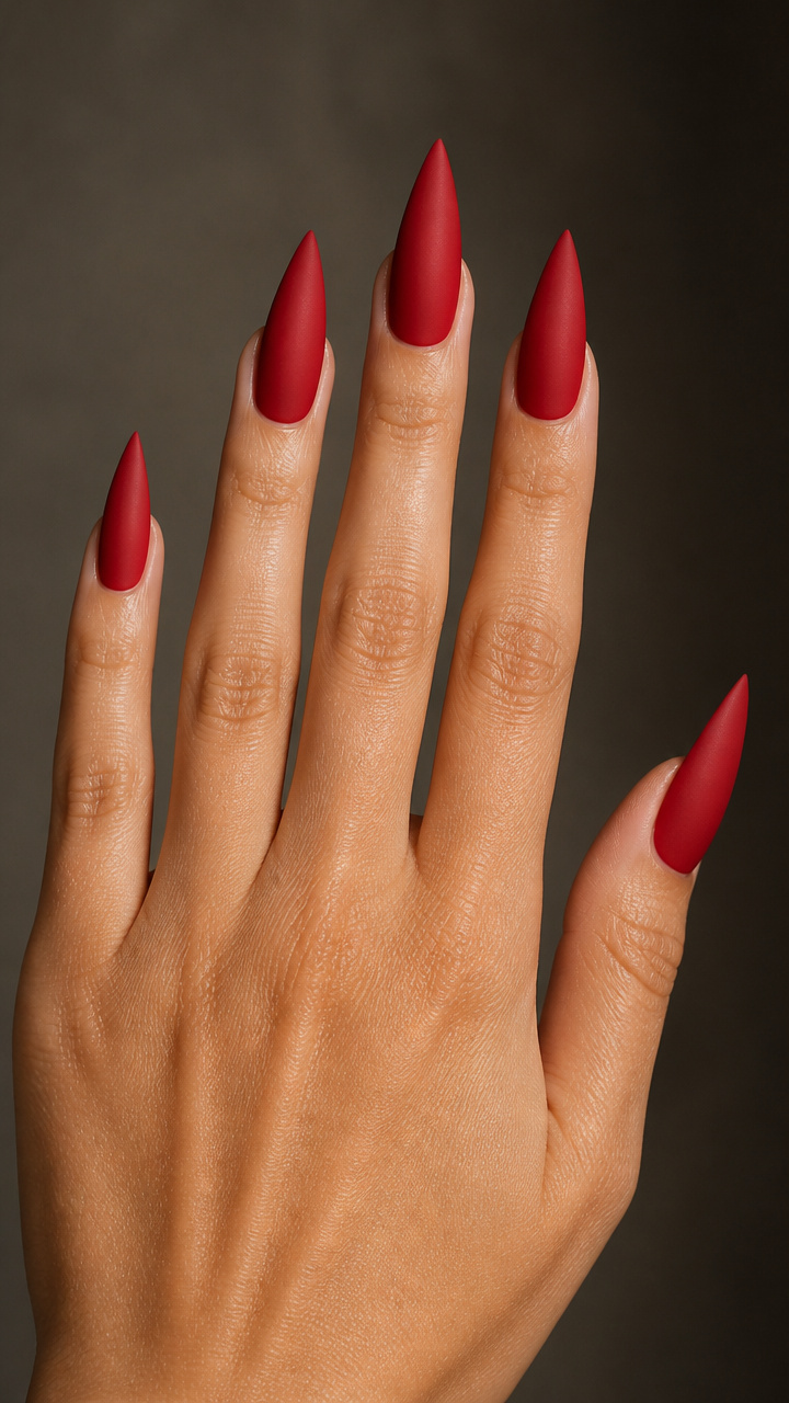Cherry Red Stiletto Nails with Matte Top Coat
