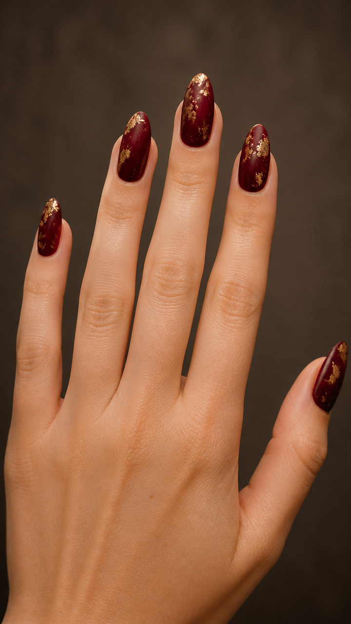 Crimson Velvet Nails with Gold Leaf Flecks