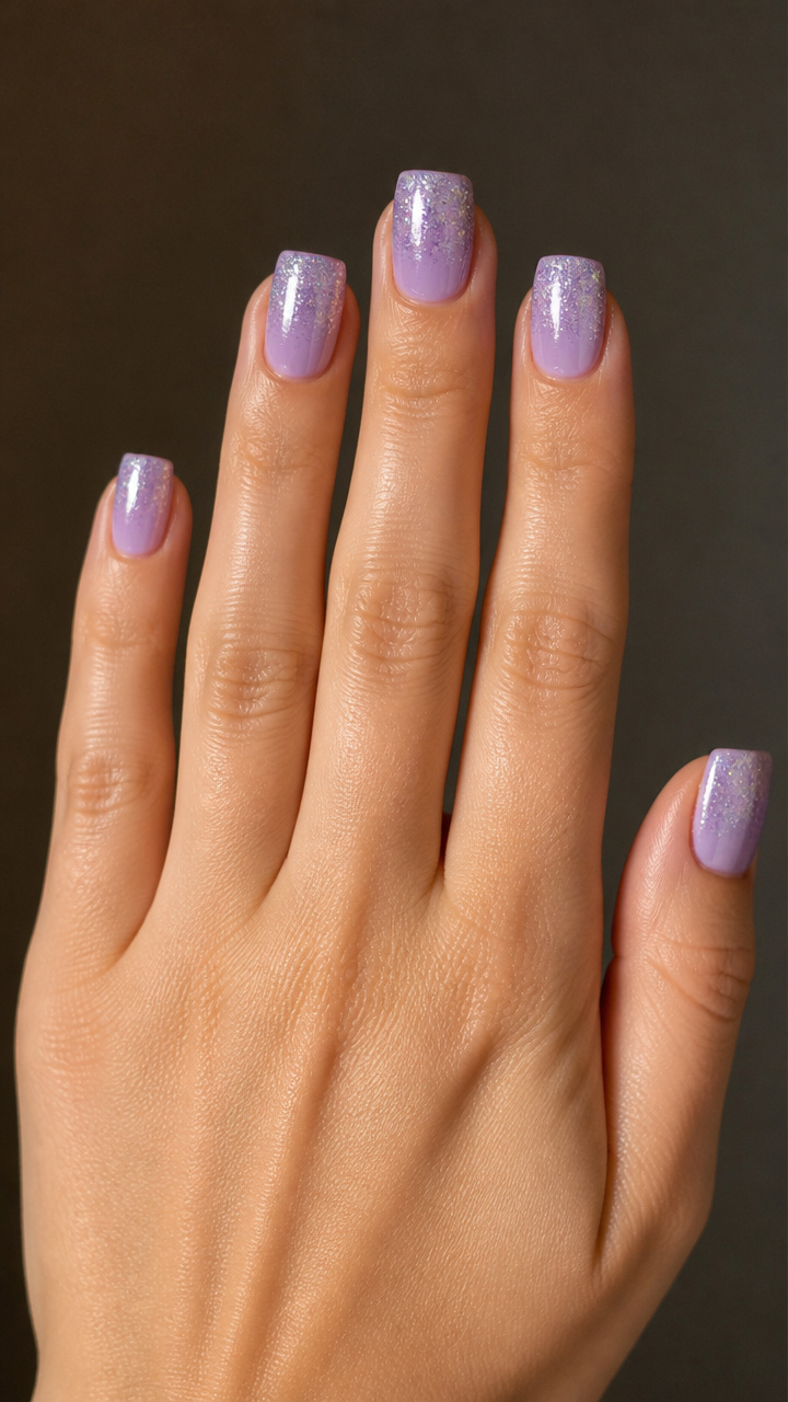 Icy Lavender Square Nails with Glitter Gradient