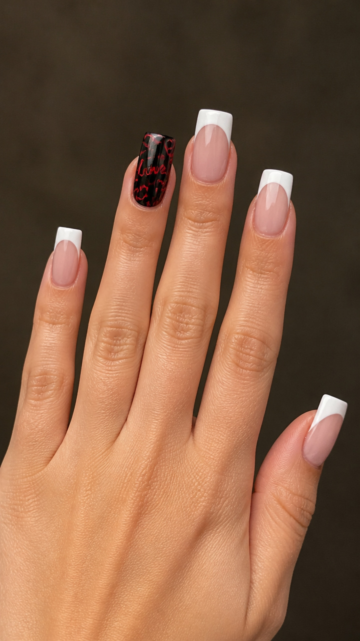 Black and White Love Note Accent Nails