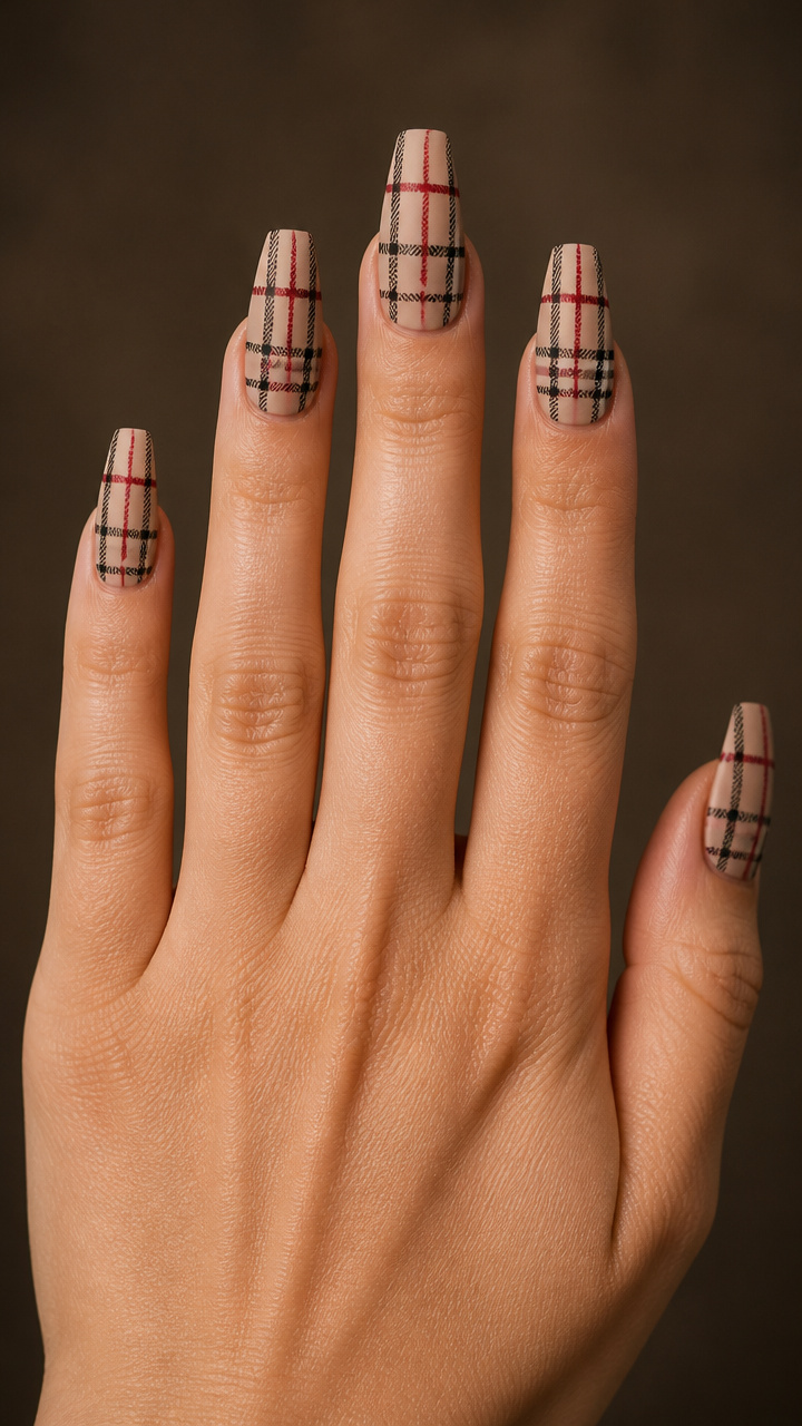 Red Plaid Pattern on Neutral Coffin Nails