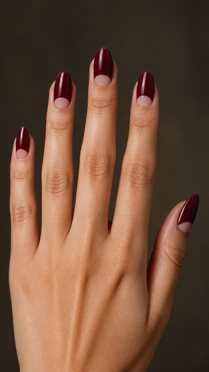 Two-Tone Burgundy and Blush Half-Moon Mani