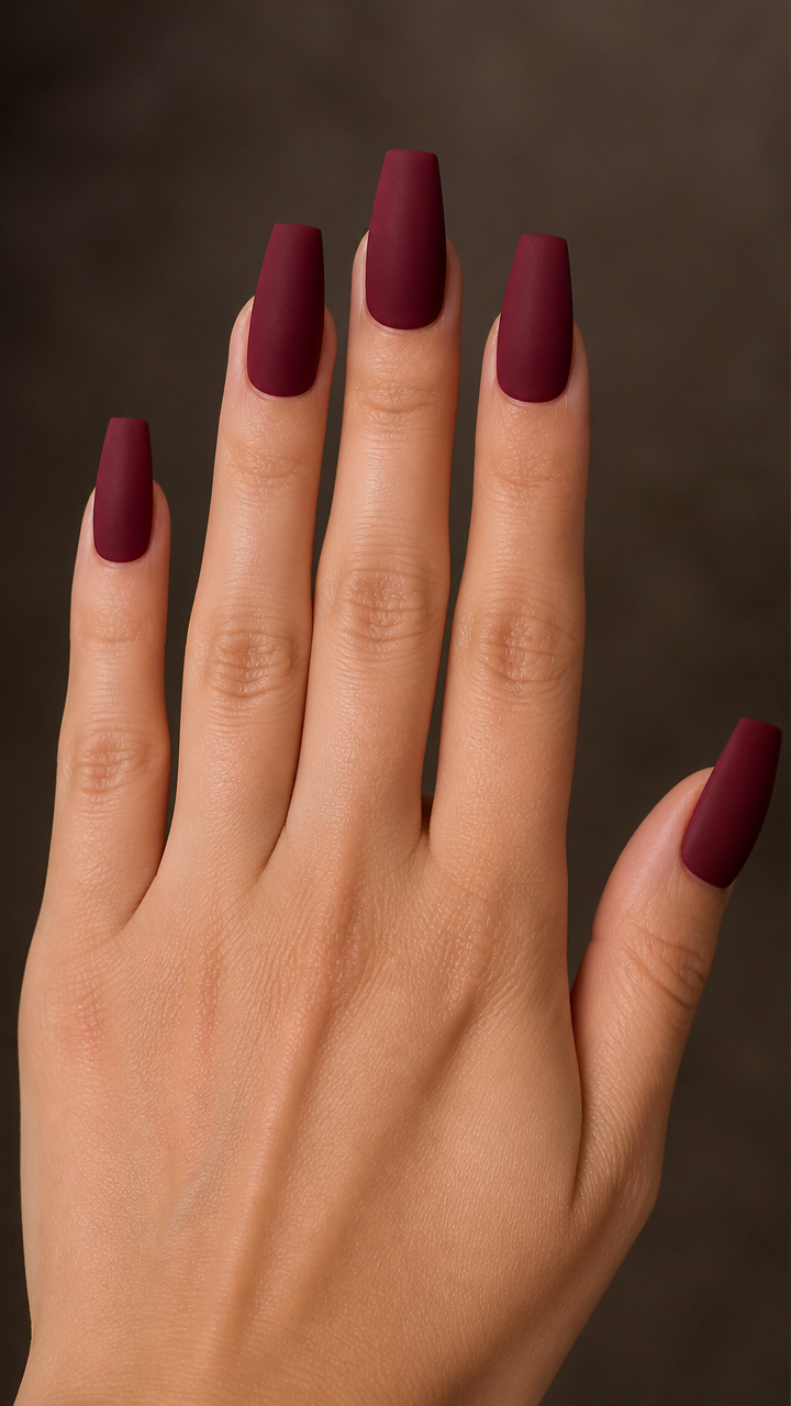 Velvet Burgundy Coffin Nails with Matte Topcoat