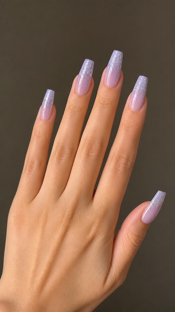 Frosted Lavender Coffin Tips with Glitter Gradient