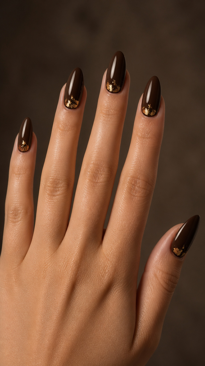 Chocolate Brown Almond Nails with Gold Leaf Flecks