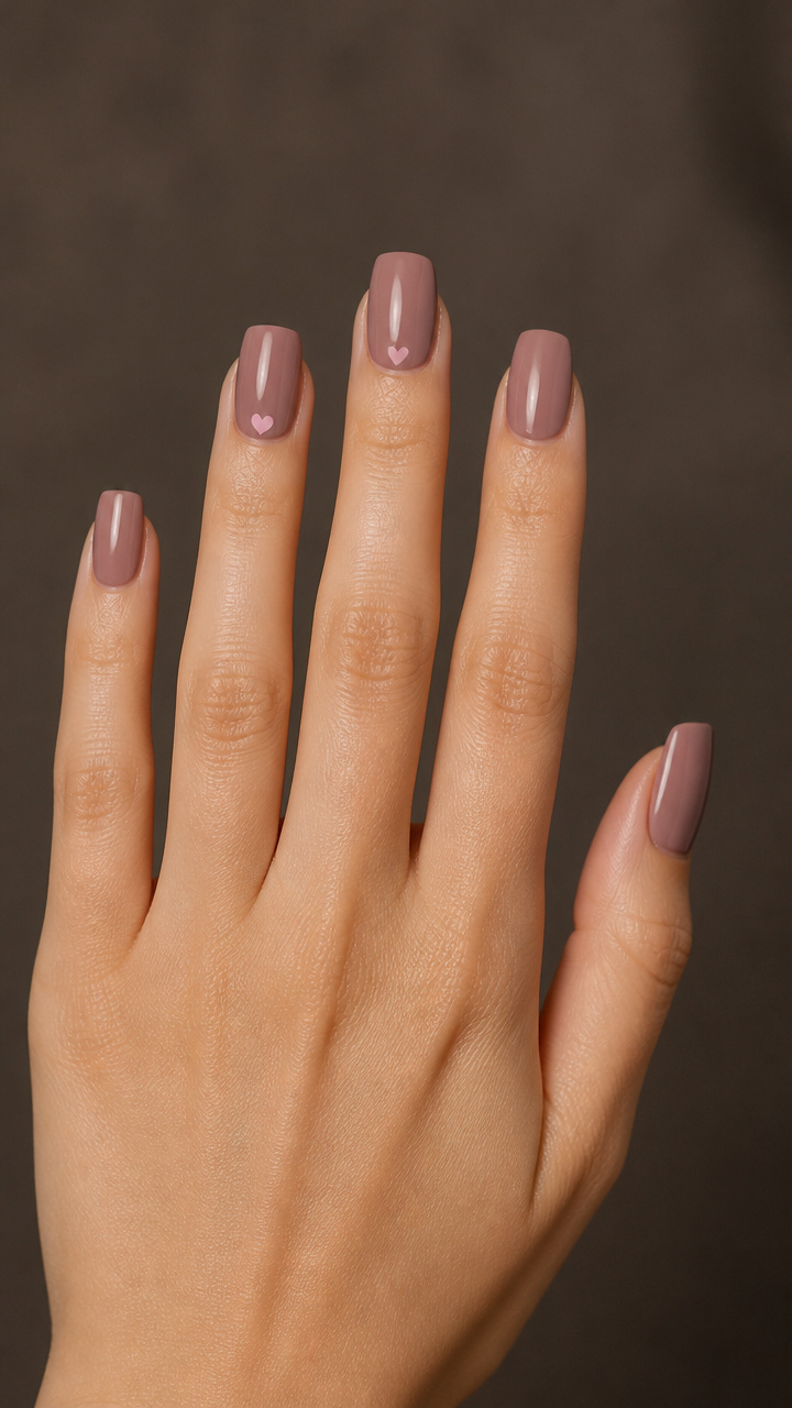 Dusty Mauve Square Nails with Tiny Heart Decals