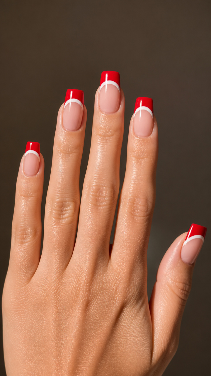 Candy Red Tips with White French Smile Lines