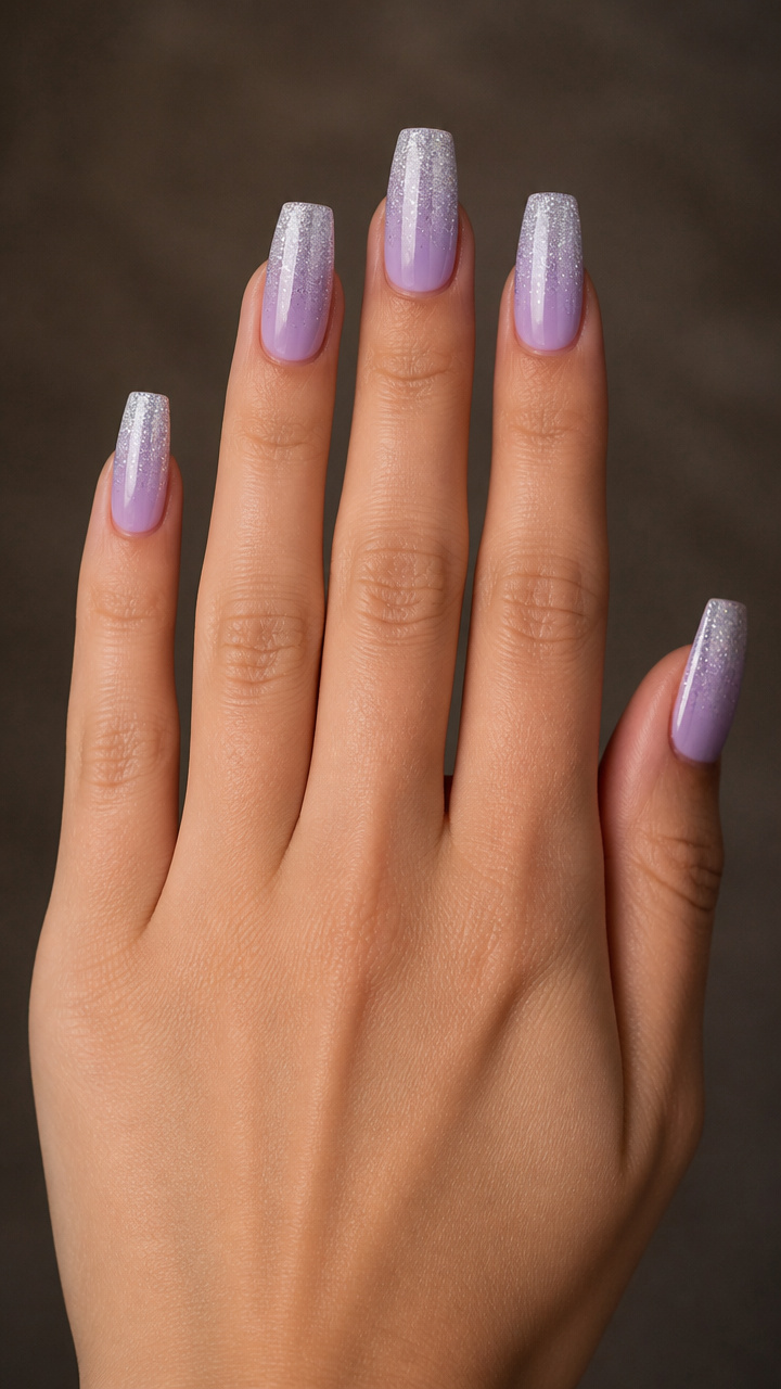 Icy Lavender OmbrΓ© with Silver Glitter Tips