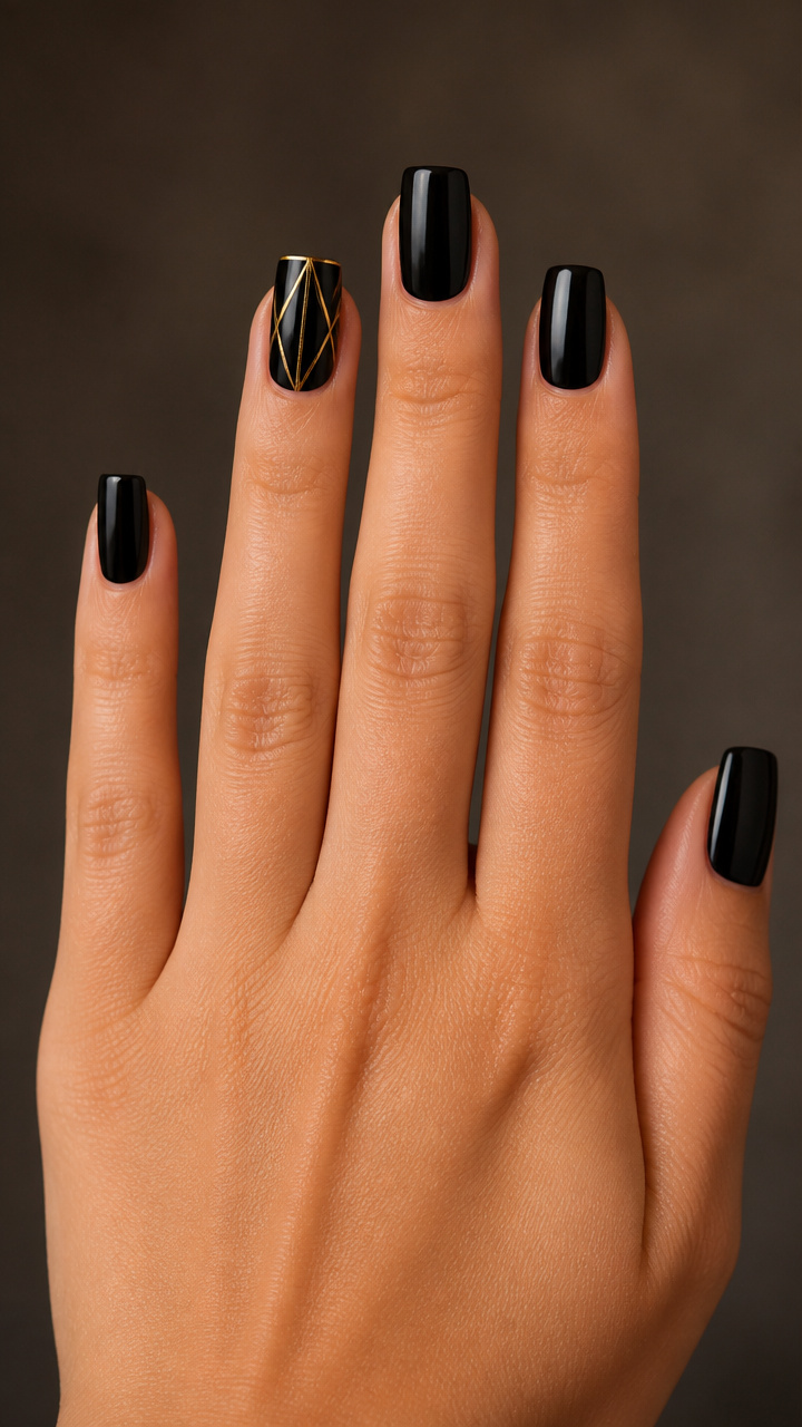Black and Gold Geometric Accent Nails