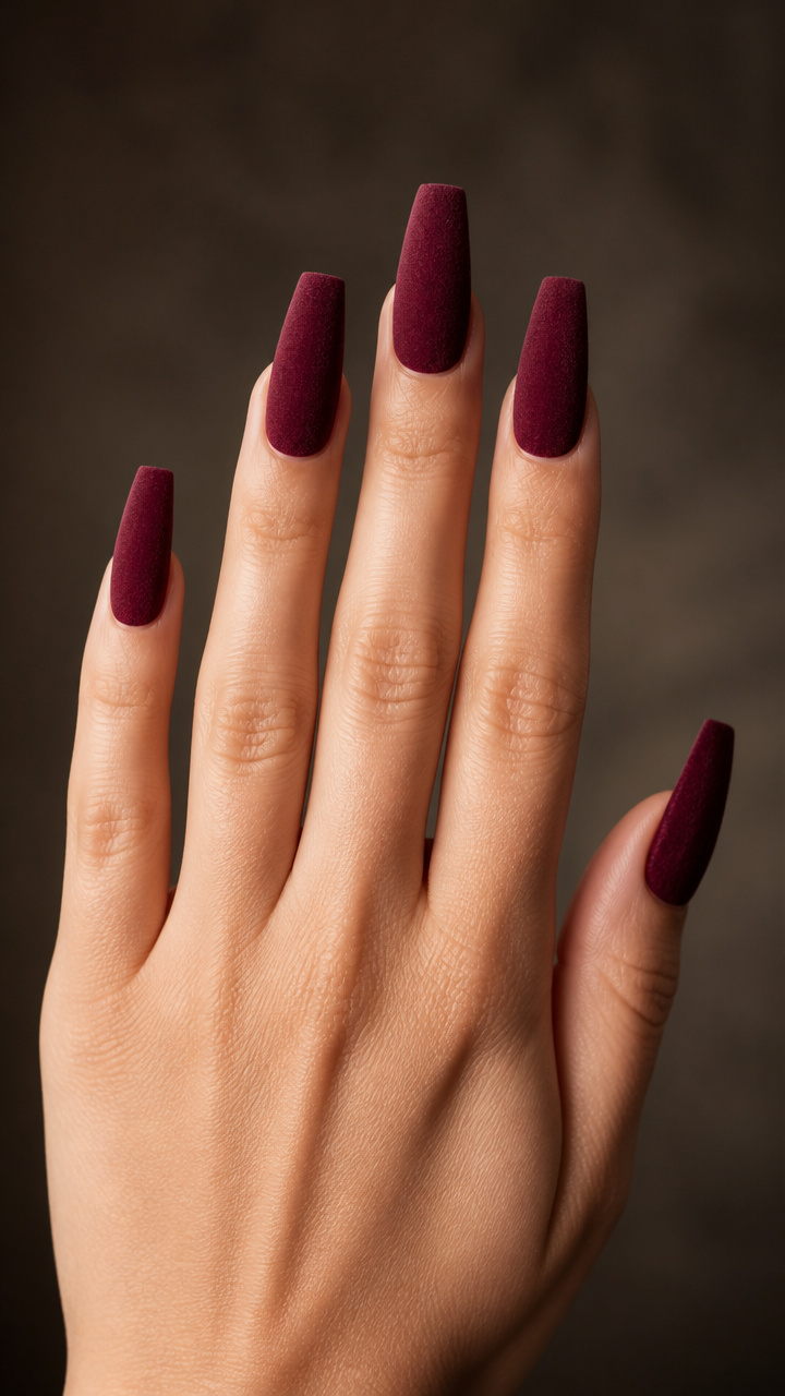 Velvet Burgundy Coffin Nails with Matte Finish