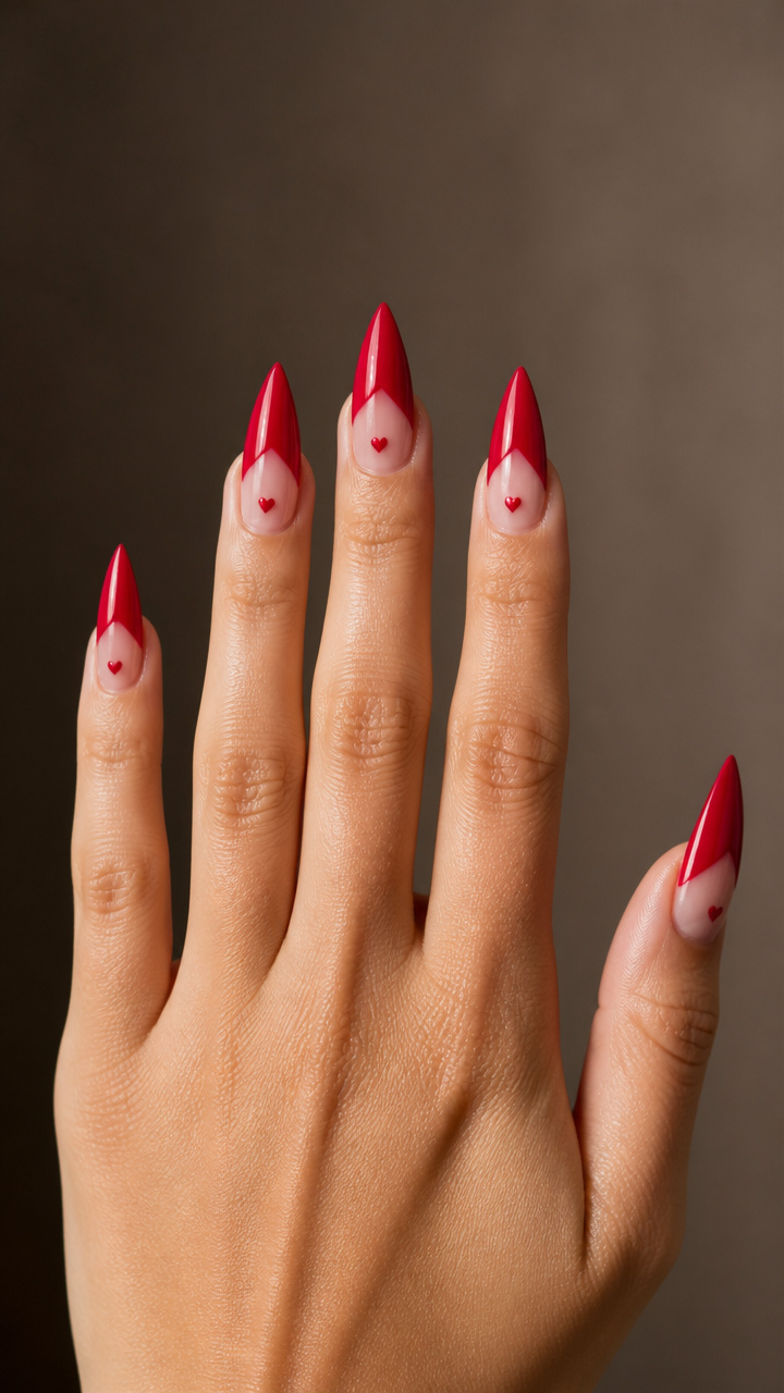 Cherry Red Stiletto Tips with Tiny Hearts