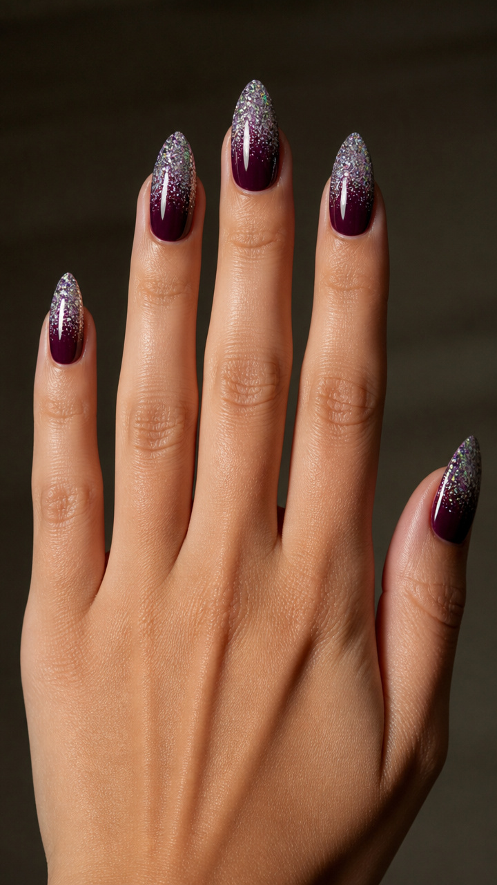 Glitter Gradient on Deep Plum Almond Nails