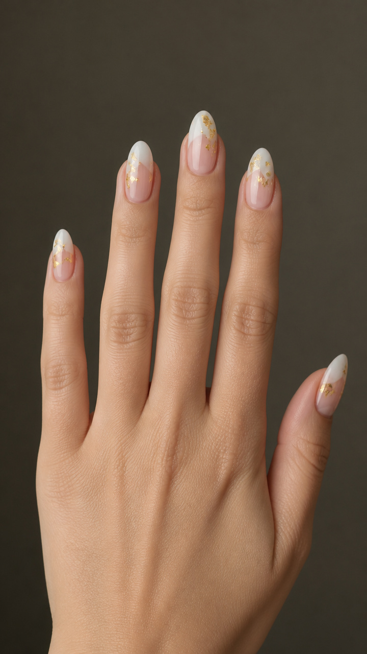 Milky White Tips with Floating Gold Leaf