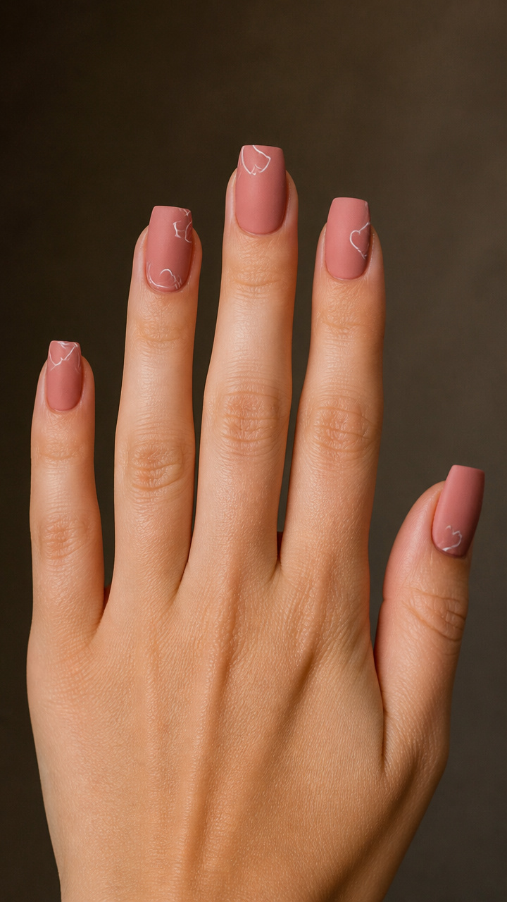 Dusty Rose Square Nails with Minimalist Line Art