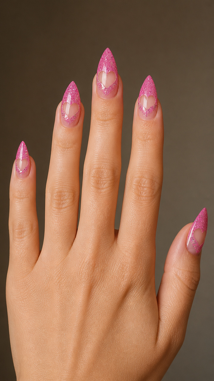 Hot Pink Glitter Ombre with Negative Space Hearts