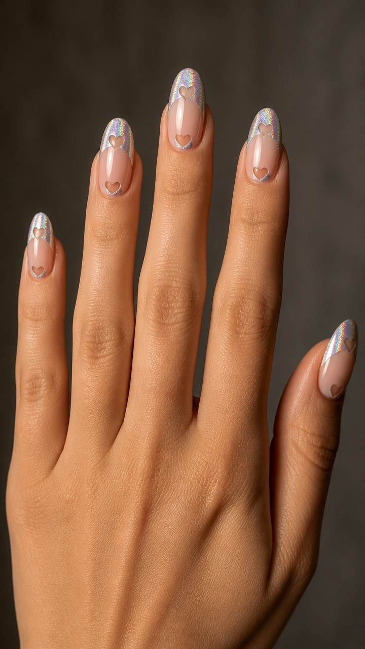 Silver Holographic Tips with Mini Heart Cutouts