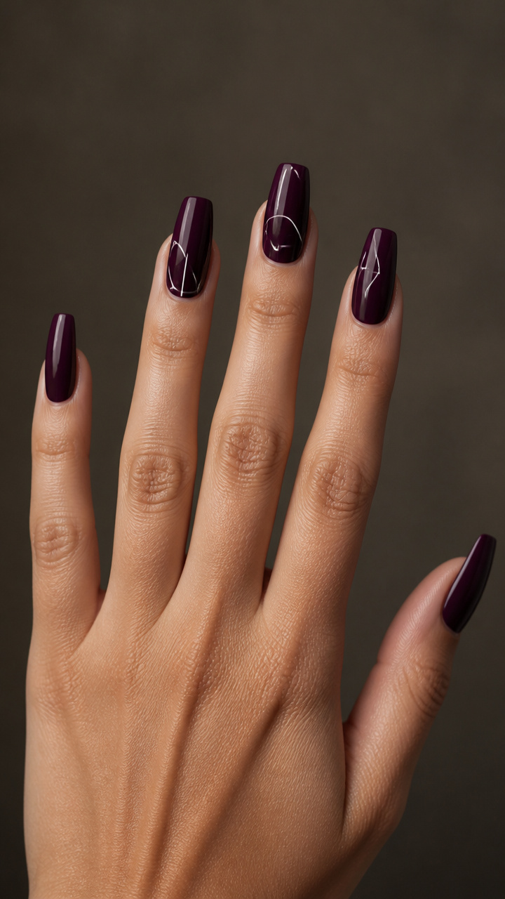 Deep Plum Coffin Nails with Minimalist Line Art