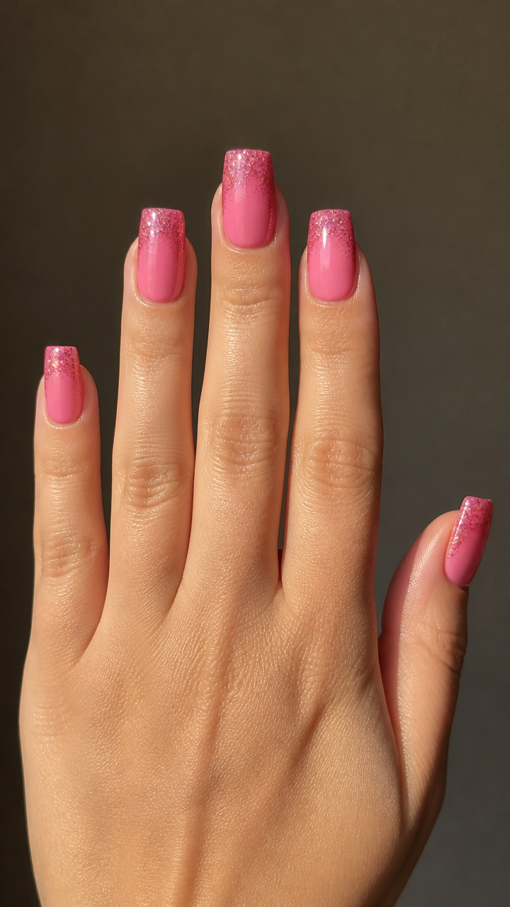 Candy Pink Square Nails with Glitter Tips