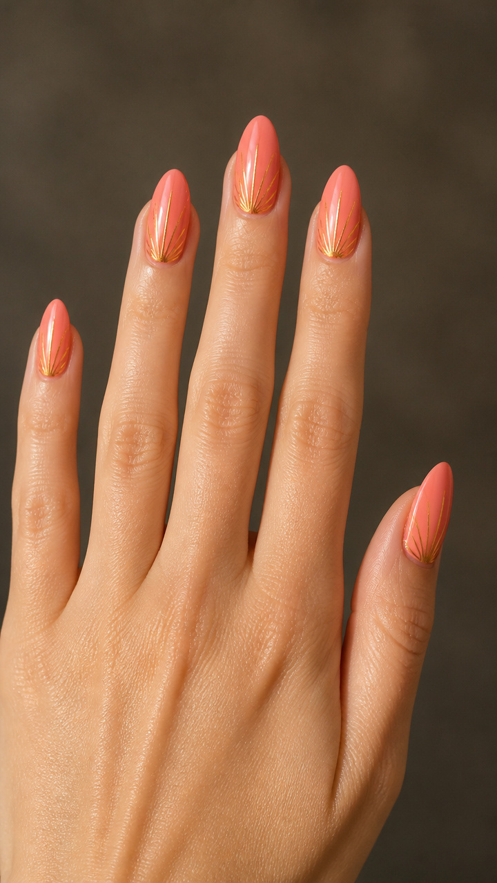 Coral Peach with Sunburst Gold Lines