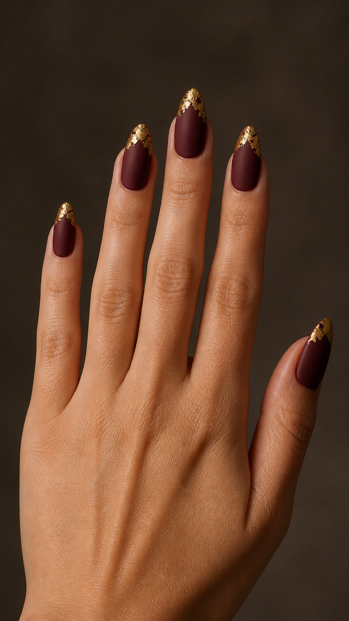 Deep Burgundy Matte with Gold Leaf Tips