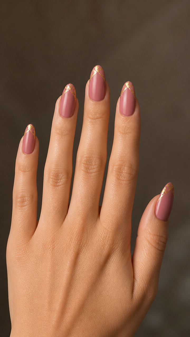 Dusty Rose Almond Tips with Gold Foil
