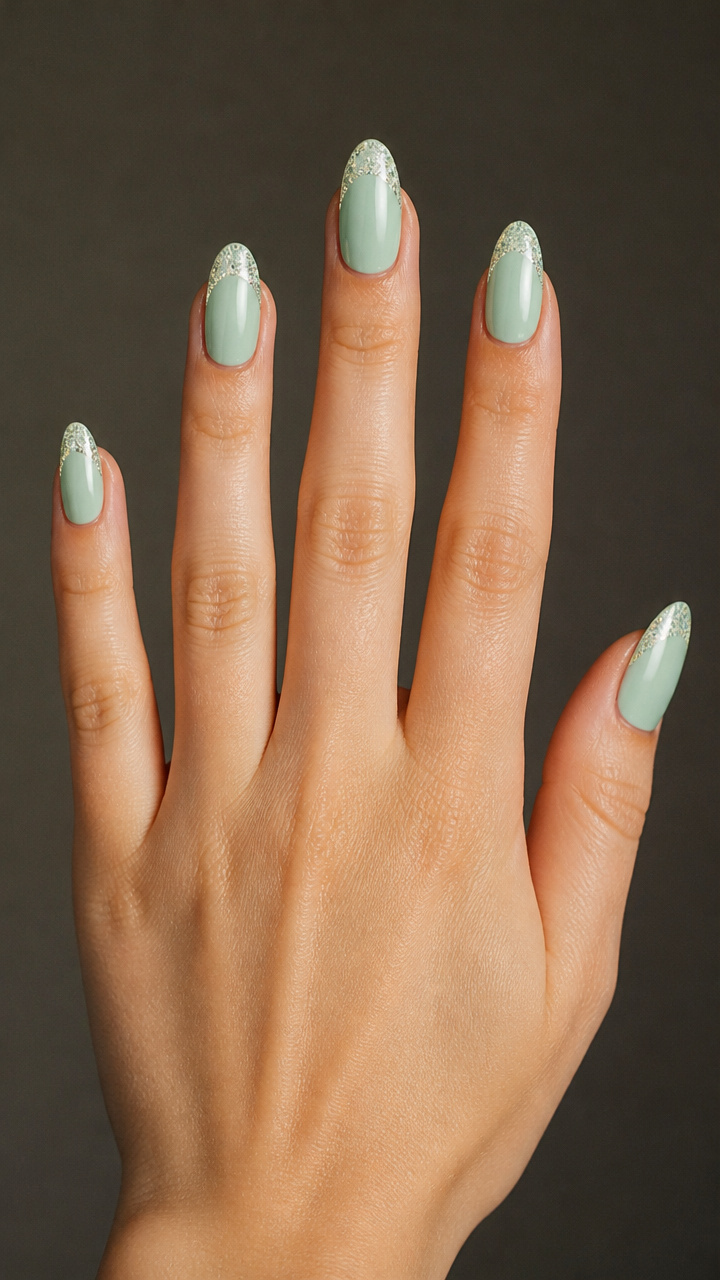Pale Mint with Glitter French Tips