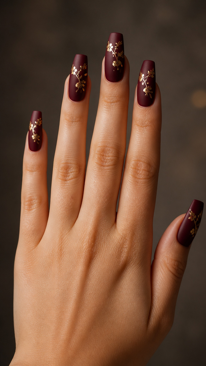 Velvet Burgundy Coffin Nails with Gold Cherry Blossoms