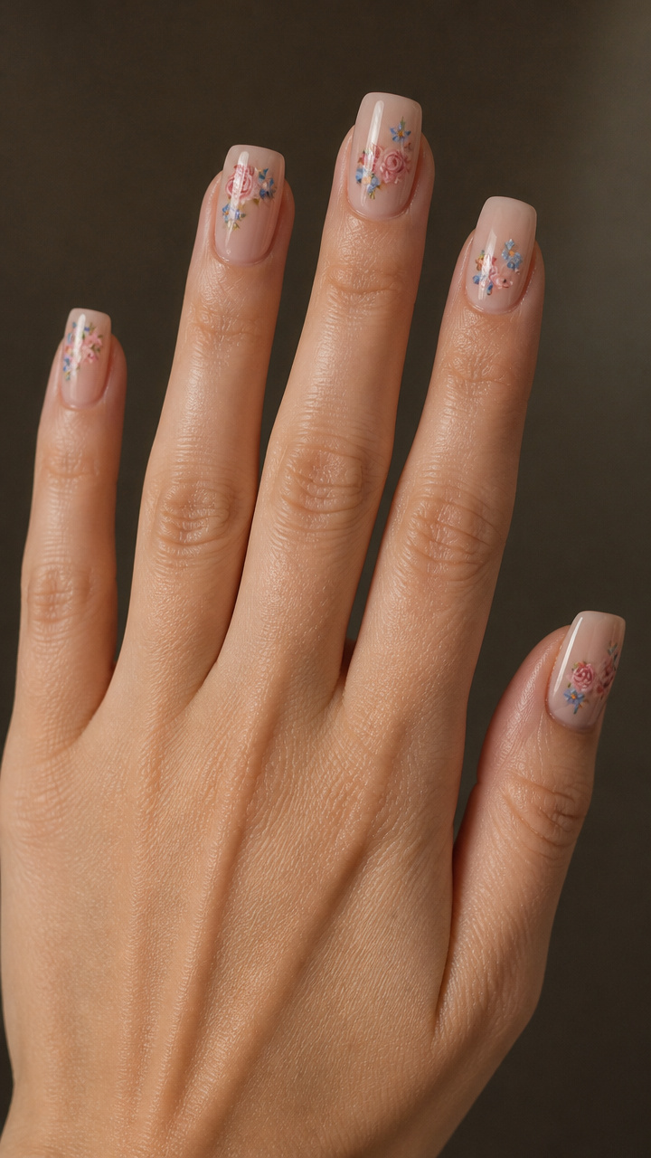 Nude Square Nails with Floating Floral Decals
