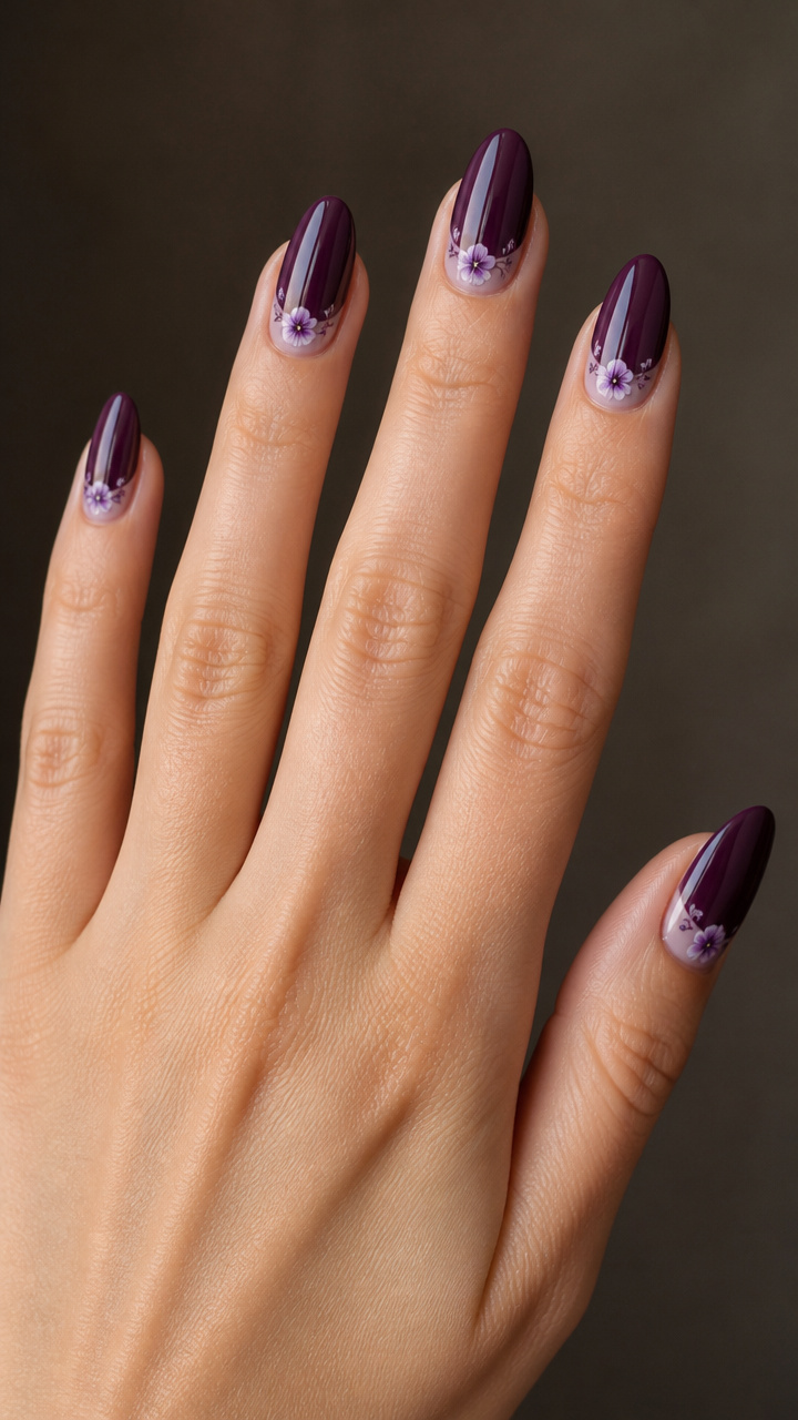 Deep Plum Half-Moon Design with Lilac Florals