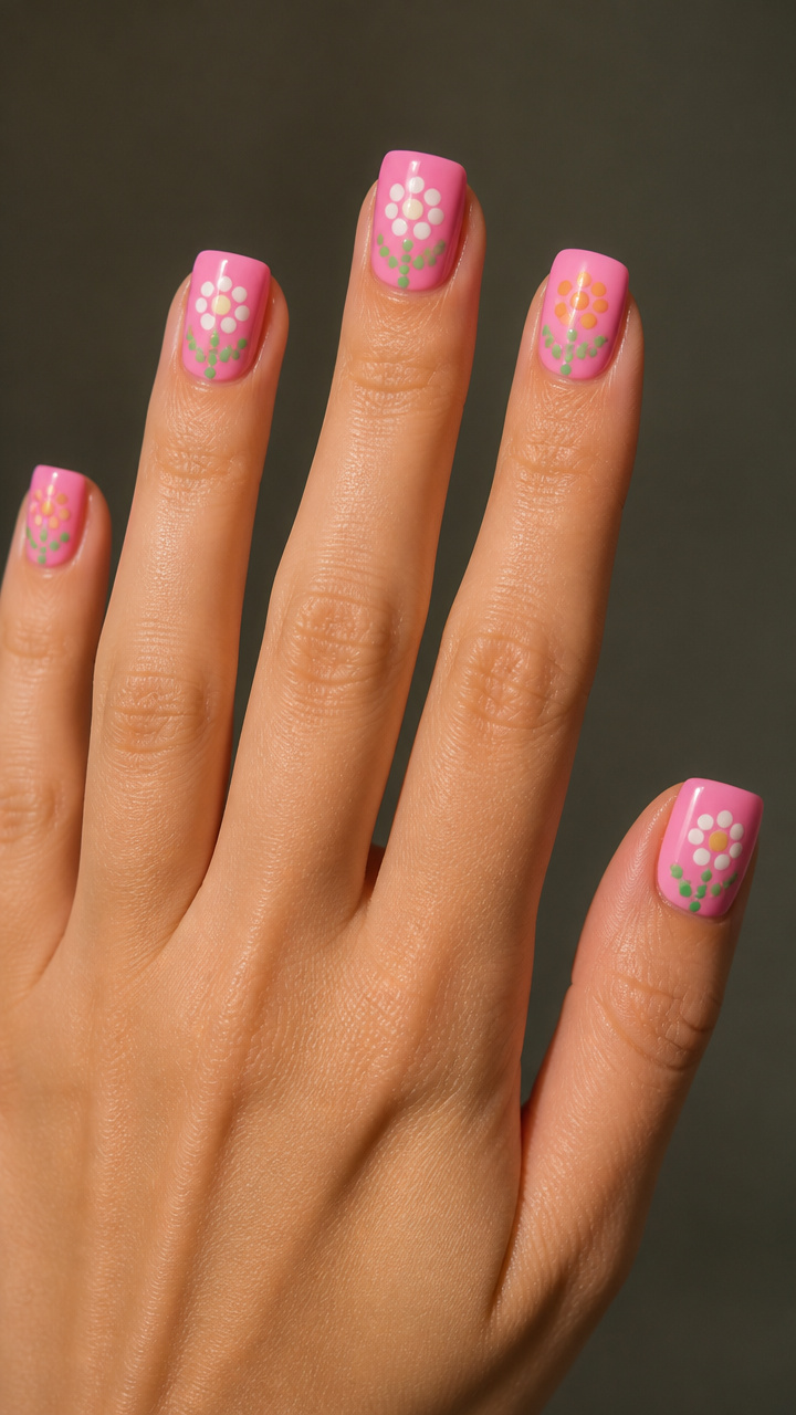 Candy Pink Short Squares with Polka Dot Flowers