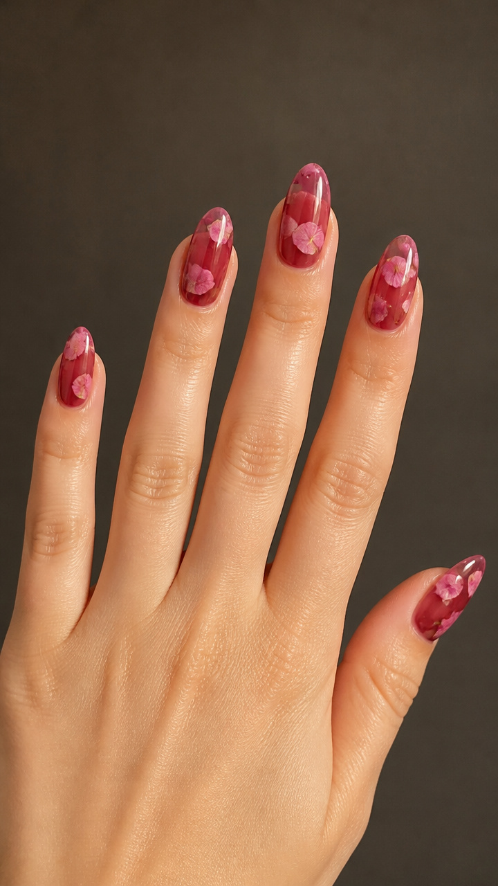 Raspberry Jelly Nails with Floating Petals