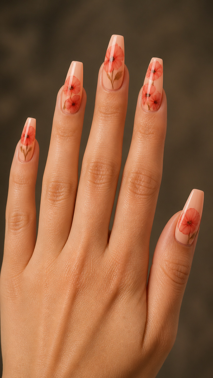 Peachy Nude Coffin Nails with Watercolor Poppies