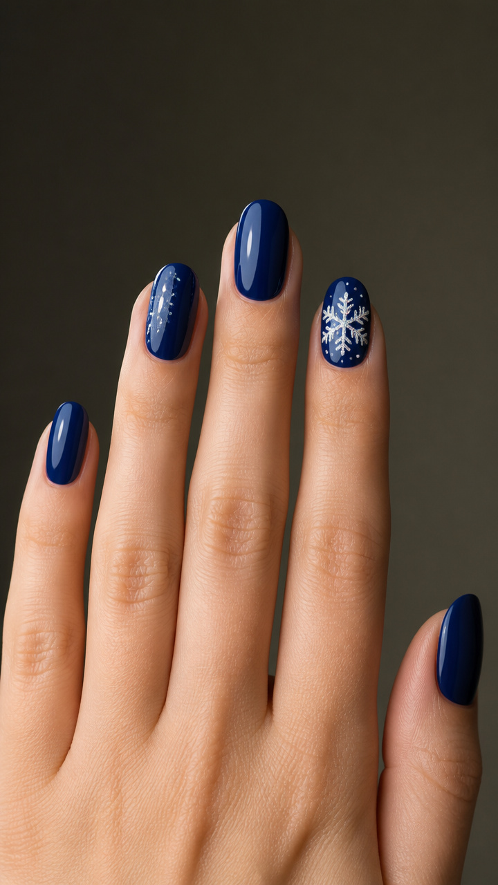 Snowflake Accent Nails on Deep Arctic Blue