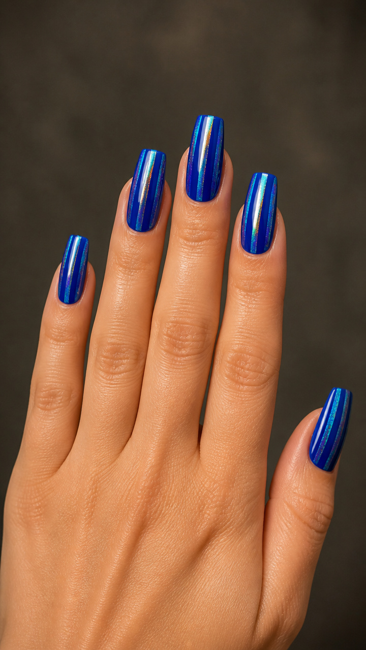 Cobalt Coffin Nails with Icy Holo Stripes