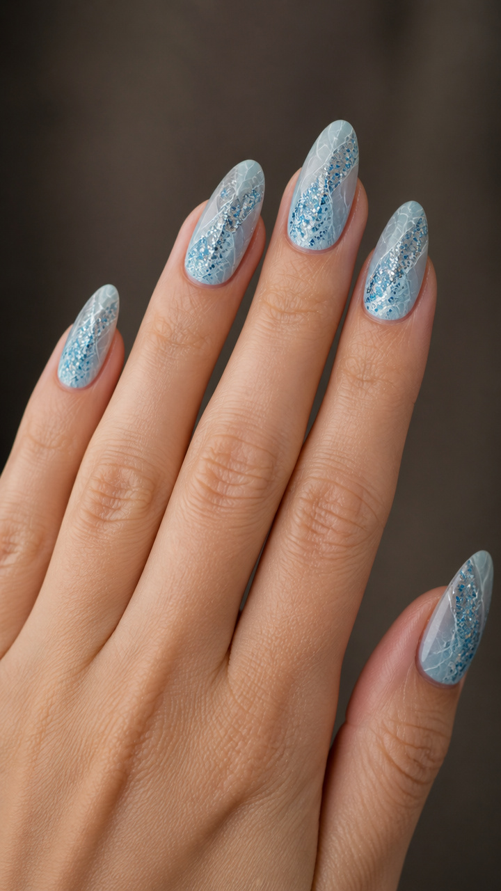 Frozen Lake Nail Art with Swirls and Glitter