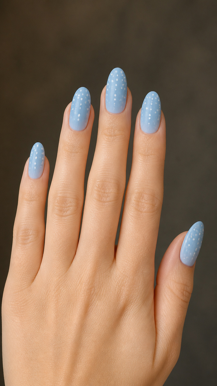 Powder Blue Nails with Minimalist Snowfall Dots