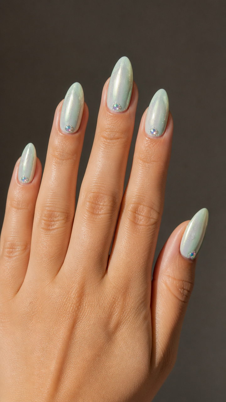 Frosted Mint Almond with Iridescent Accents