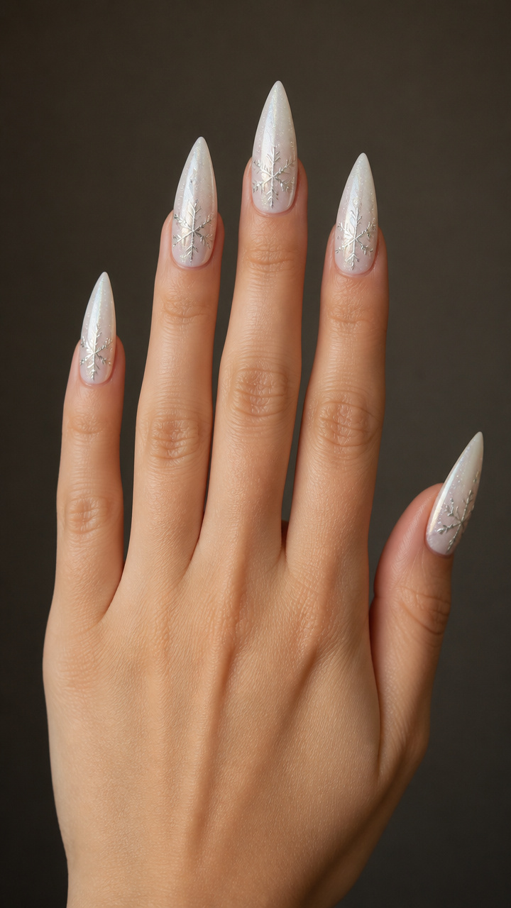 Pearlescent White Stiletto with Snowflake Art