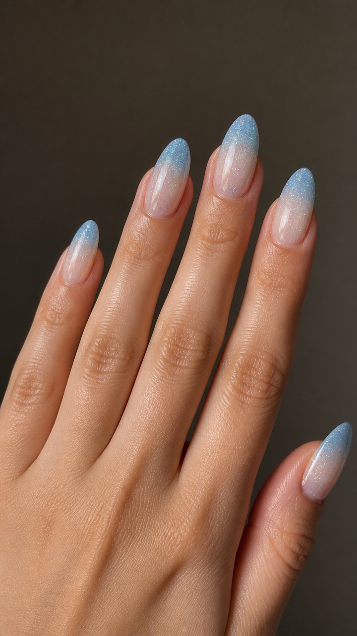 Frosted Icy Blue Almond Tips