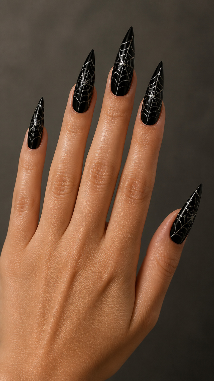 Black Spiderweb Stiletto Nails