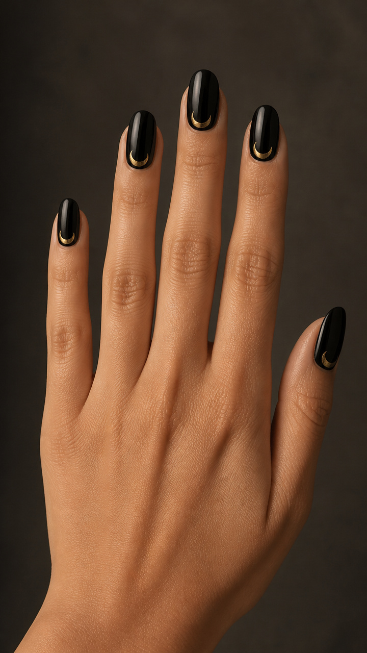 Gold Crescent Moon Accents on Black Nails