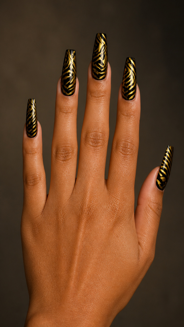 Coffin Nails with Gold Zebra Stripe Overlay