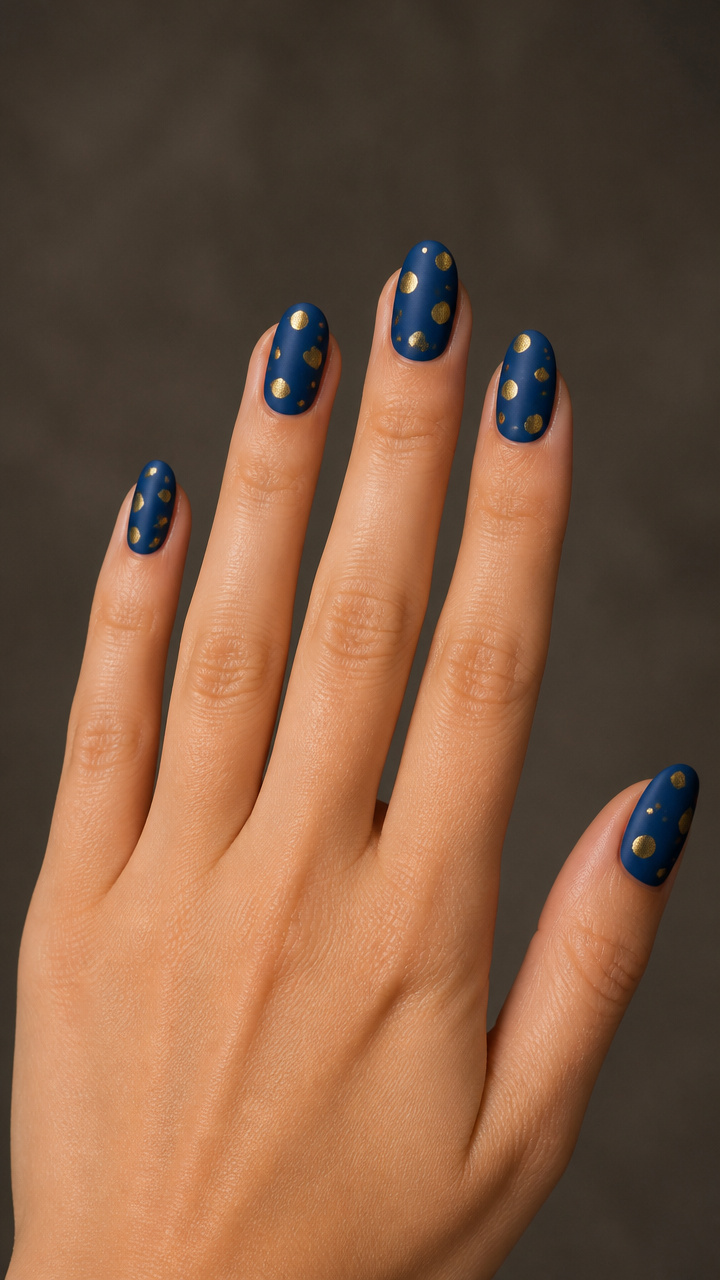Matte Deep Blue Base with Shiny Gold Polka Dots